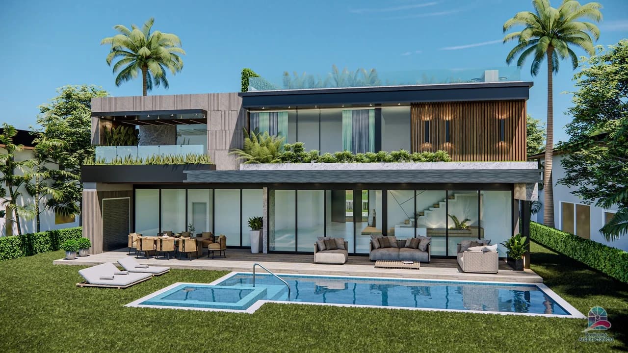 Architectural rendering: Rear elevation and pool at 496 Holiday Drive